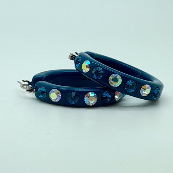 chunky dark blue zircon Lucite Acrylic wide 1.5 Hoop Latch Back Fashion Earrings - Picture 4 of 4